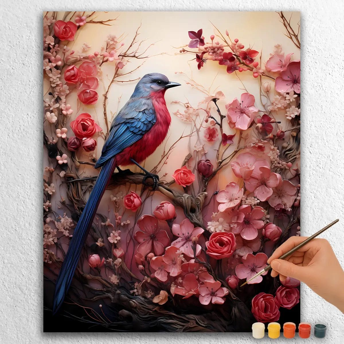 A delicate and romantic paint by numbers scene featuring two sparrows perched on a blooming cherry blossom branch with a soft, glowing sunrise in the background.