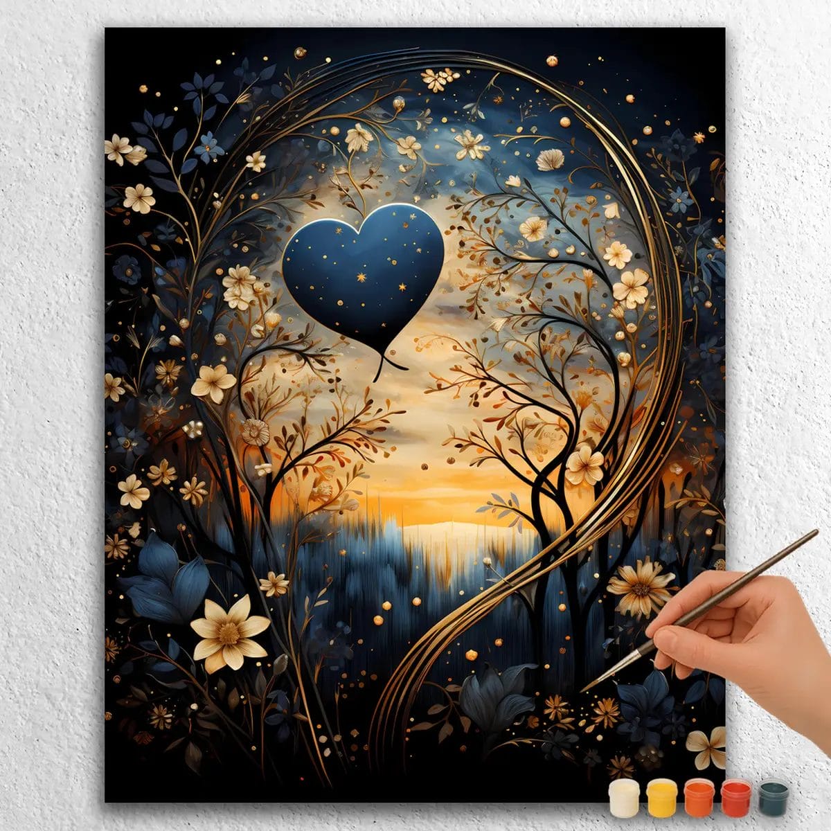 A whimsical and enchanted Valentine's Day paint by numbers scene featuring two glowing, interconnected hearts made of magical vines and flowers in a misty, ethereal forest setting.